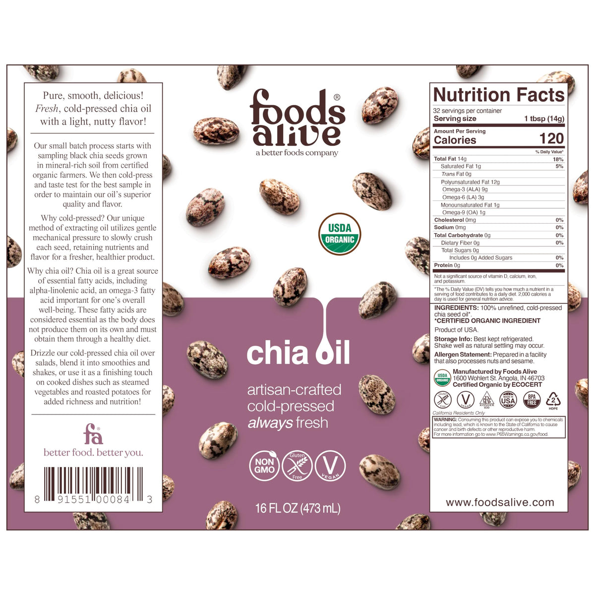 Foods Alive Organic Chia Oil | Cold-Pressed 16 oz | Omega-3 Rich & Plant-Based