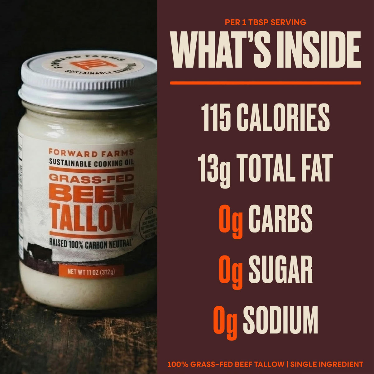 Forward Farms Beef Tallow – 100% Carbon Neutral, Grass-Fed & Grass-Finished, 11oz Jar (2 Pack)