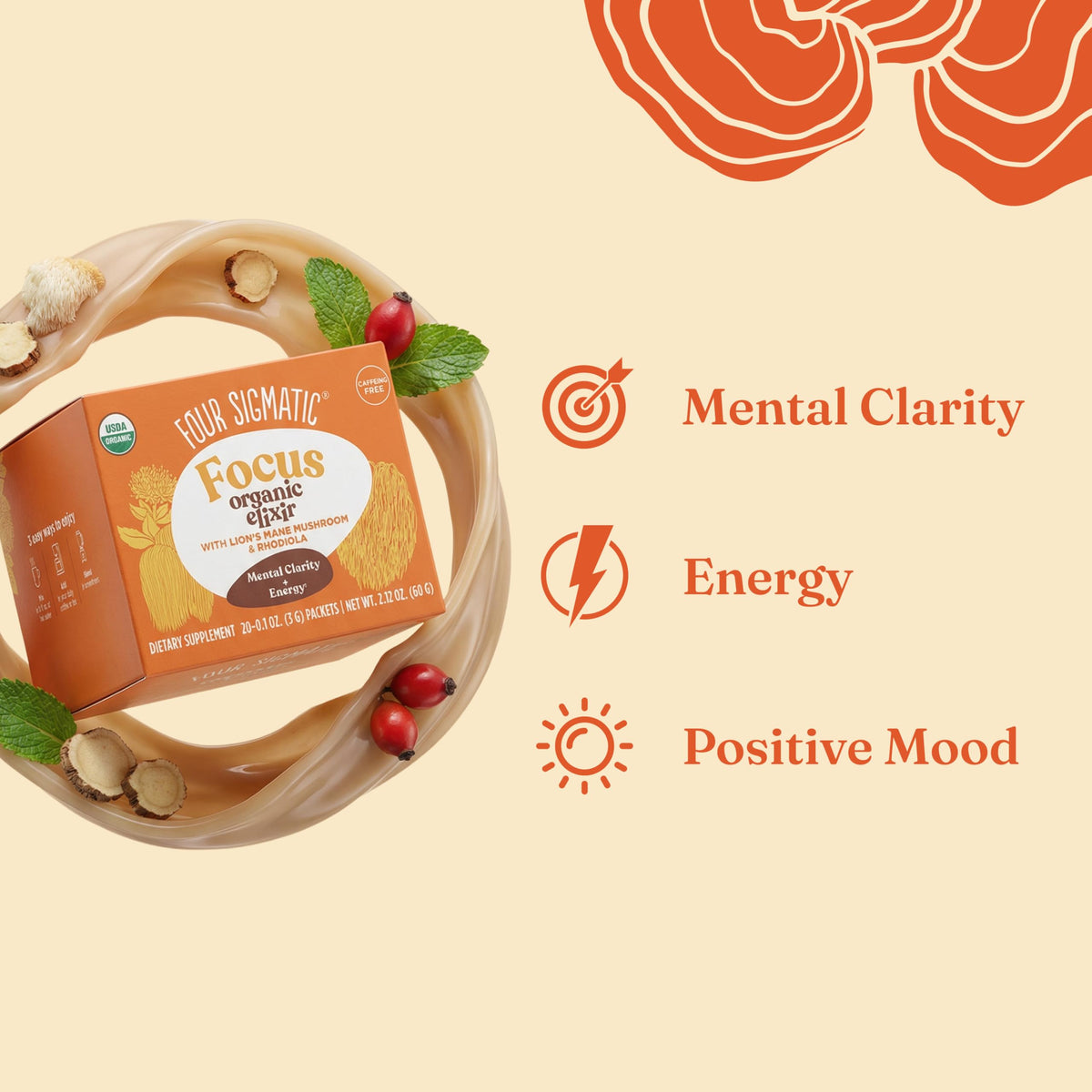 Four Sigmatic Lion's Mane Focus Elixir – Organic Lion’s Mane, Rhodiola & Rose Hips | Coffee Alternative | Pack of 20