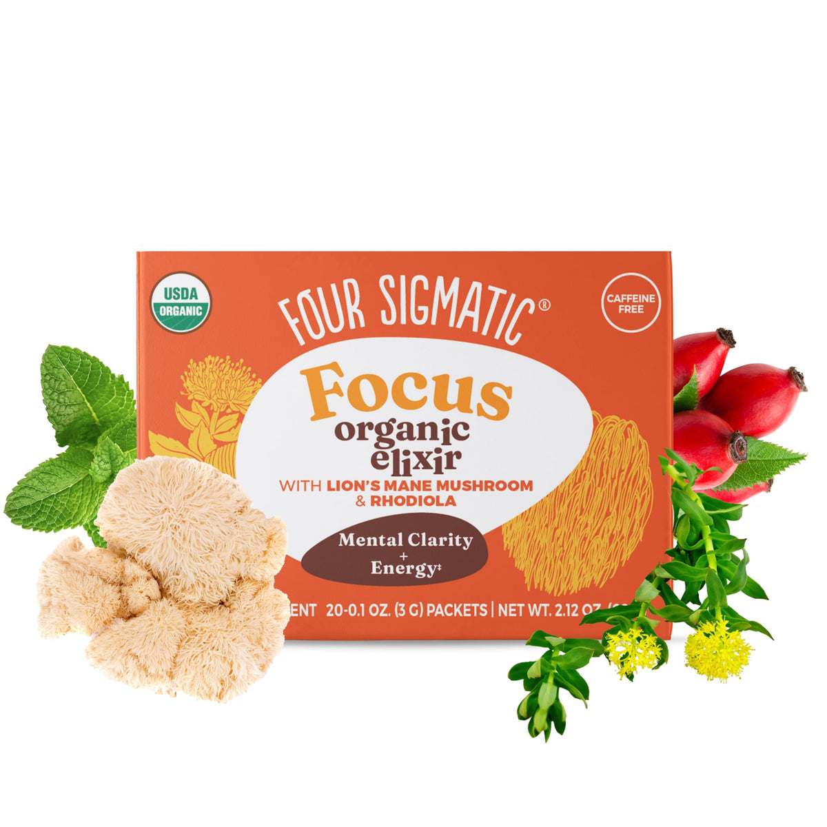 Four Sigmatic Lion's Mane Focus Elixir – Organic Lion’s Mane, Rhodiola & Rose Hips | Coffee Alternative | Pack of 20