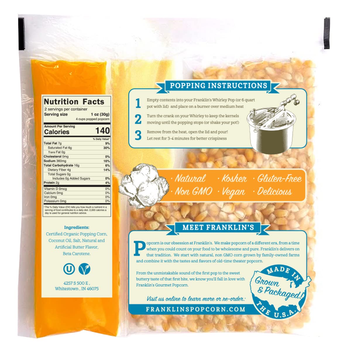 Franklin's Gourmet Popcorn All-In-One 4oz Packs - Butter Coconut Oil, Butter Salt, Organic Corn | Made in USA