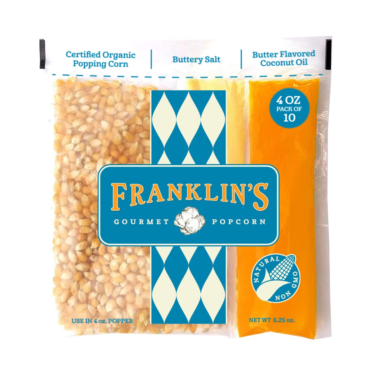 Franklin's Gourmet Popcorn All-In-One 4oz Packs - Butter Coconut Oil, Butter Salt, Organic Corn | Made in USA