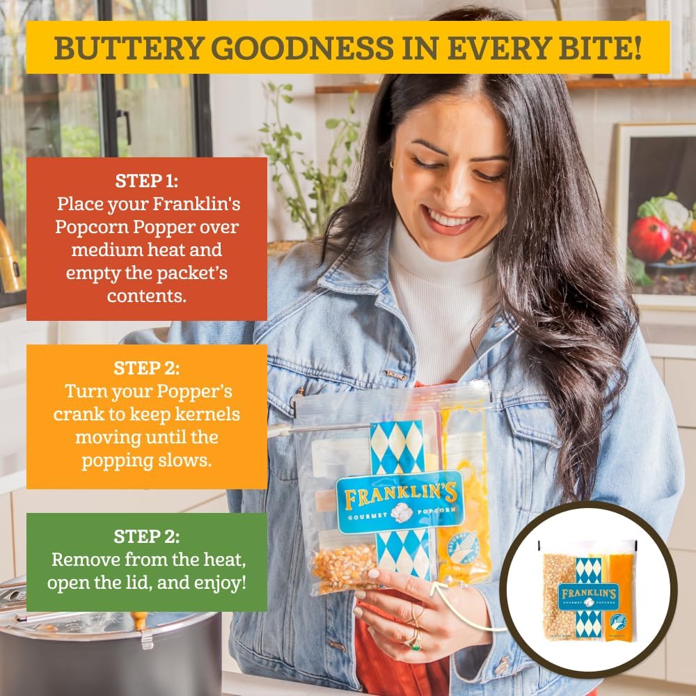 Franklin's Gourmet Popcorn All-In-One 4oz Packs - Butter Coconut Oil, Butter Salt, Organic Corn | Made in USA