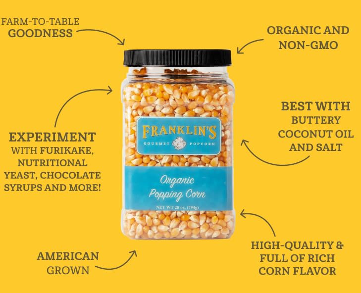 Franklin's Gourmet Popcorn Organic Kernels – 28oz Tub, Non-GMO & All-Natural