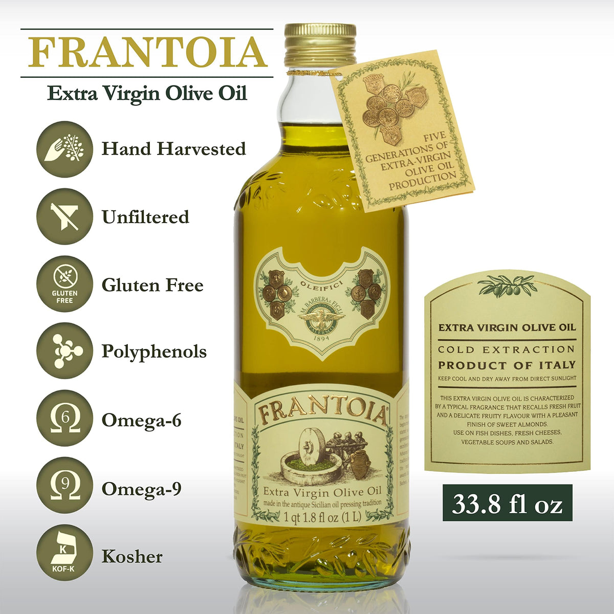 Frantoia Extra Virgin Olive Oil 1L – Sicilian EVOO from Biancolilla, Nocellara del Belice & Cerasuola (Cold-Pressed)