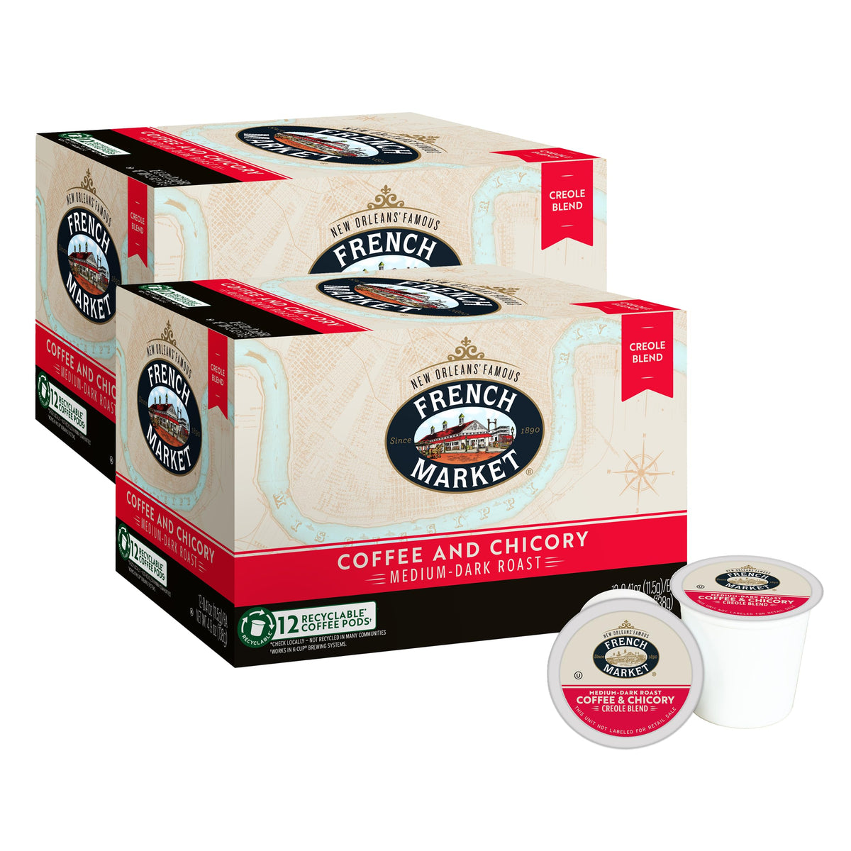 French Market Coffee & Chicory Pods — Medium-Dark Roast, 12ct Box (Pack of 2)