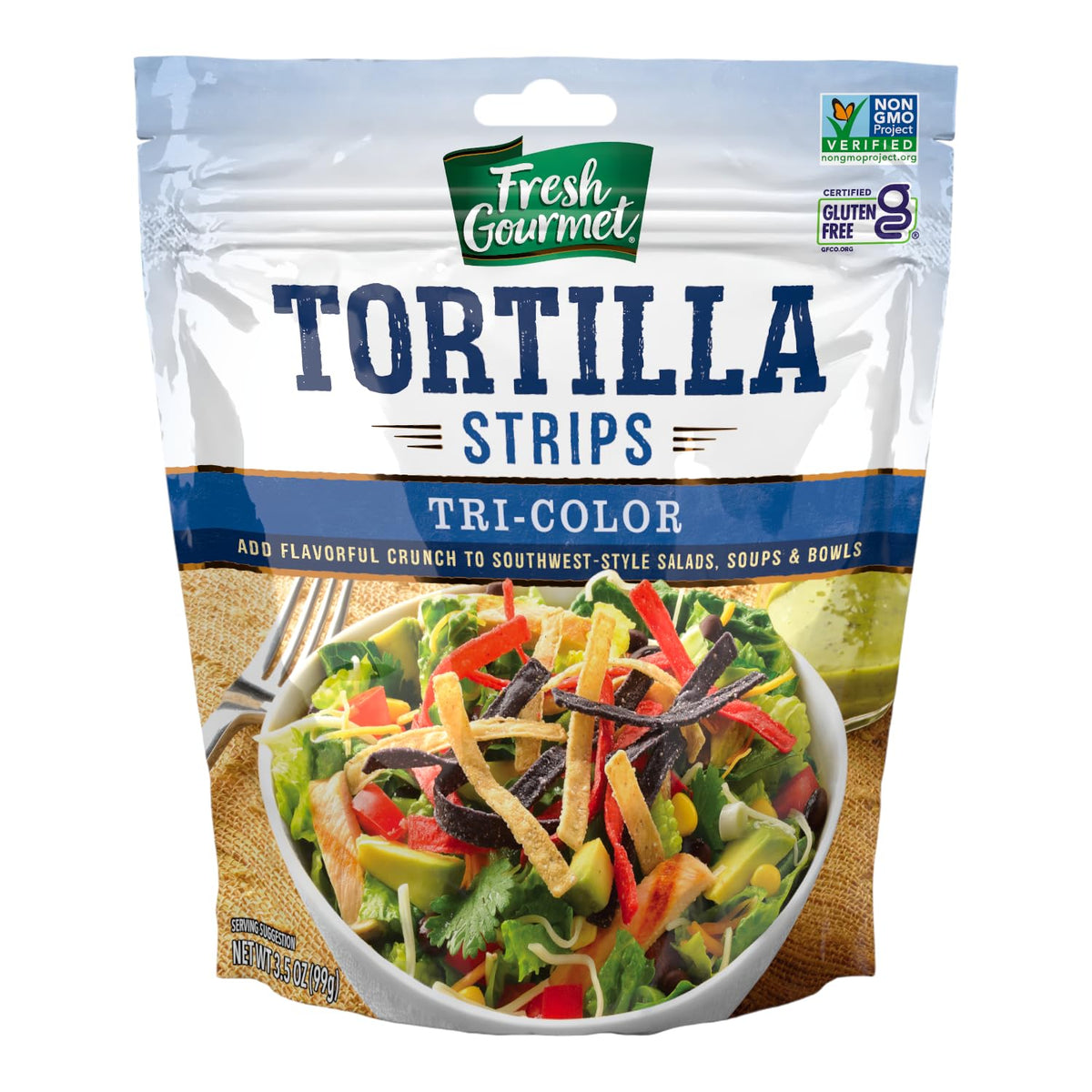 Fresh Gourmet Tri-Color Tortilla Strips – Low Carb Crunch, 3.5 oz, Pack of 9
