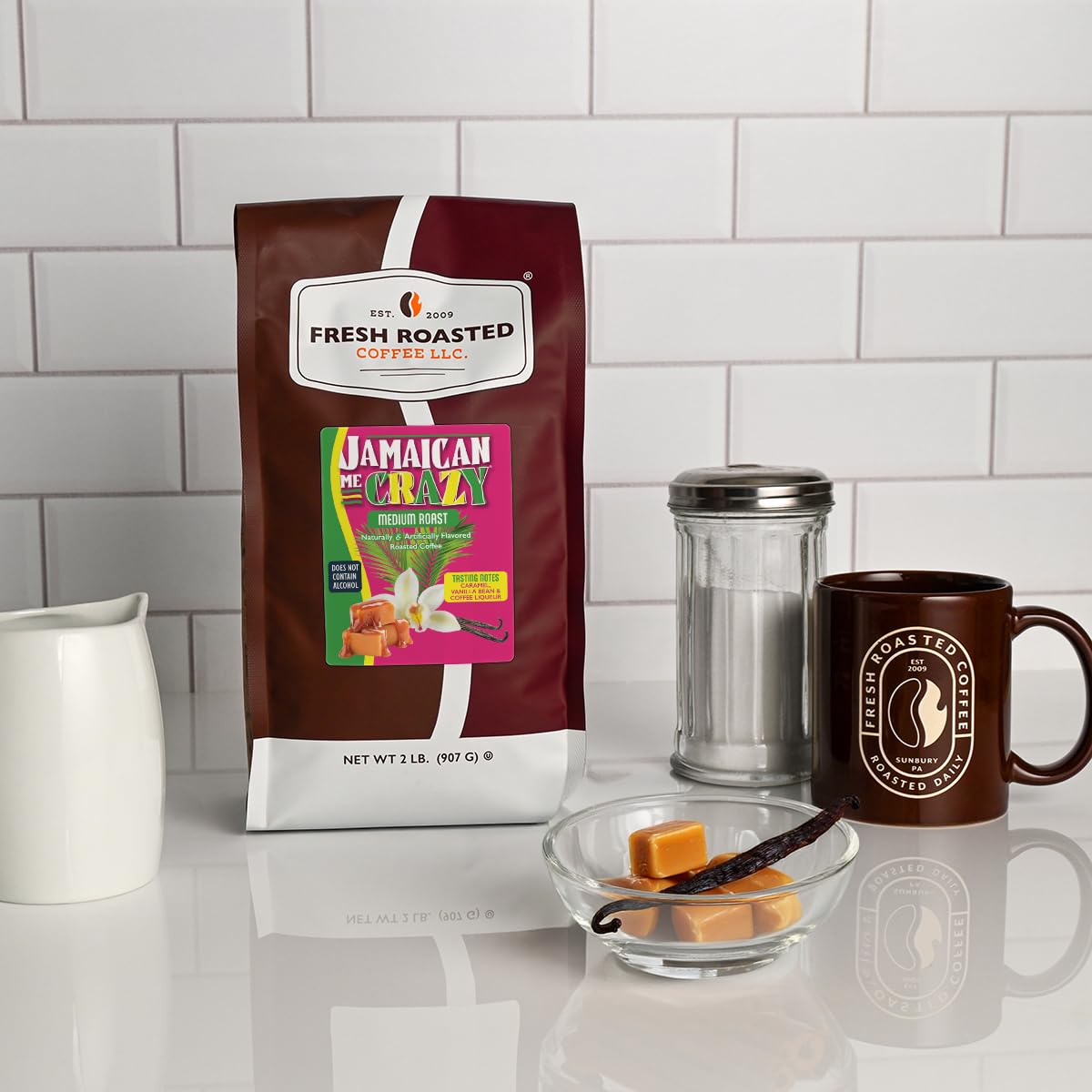 Fresh Roasted Coffee Jamaican Me Crazy Flavored Whole Bean Coffee – Medium Roast, Kosher, 2 lb