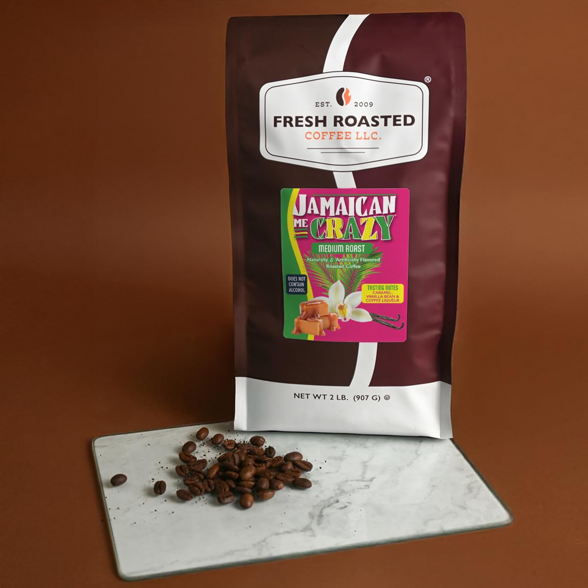 Fresh Roasted Coffee Jamaican Me Crazy Flavored Whole Bean Coffee – Medium Roast, Kosher, 2 lb