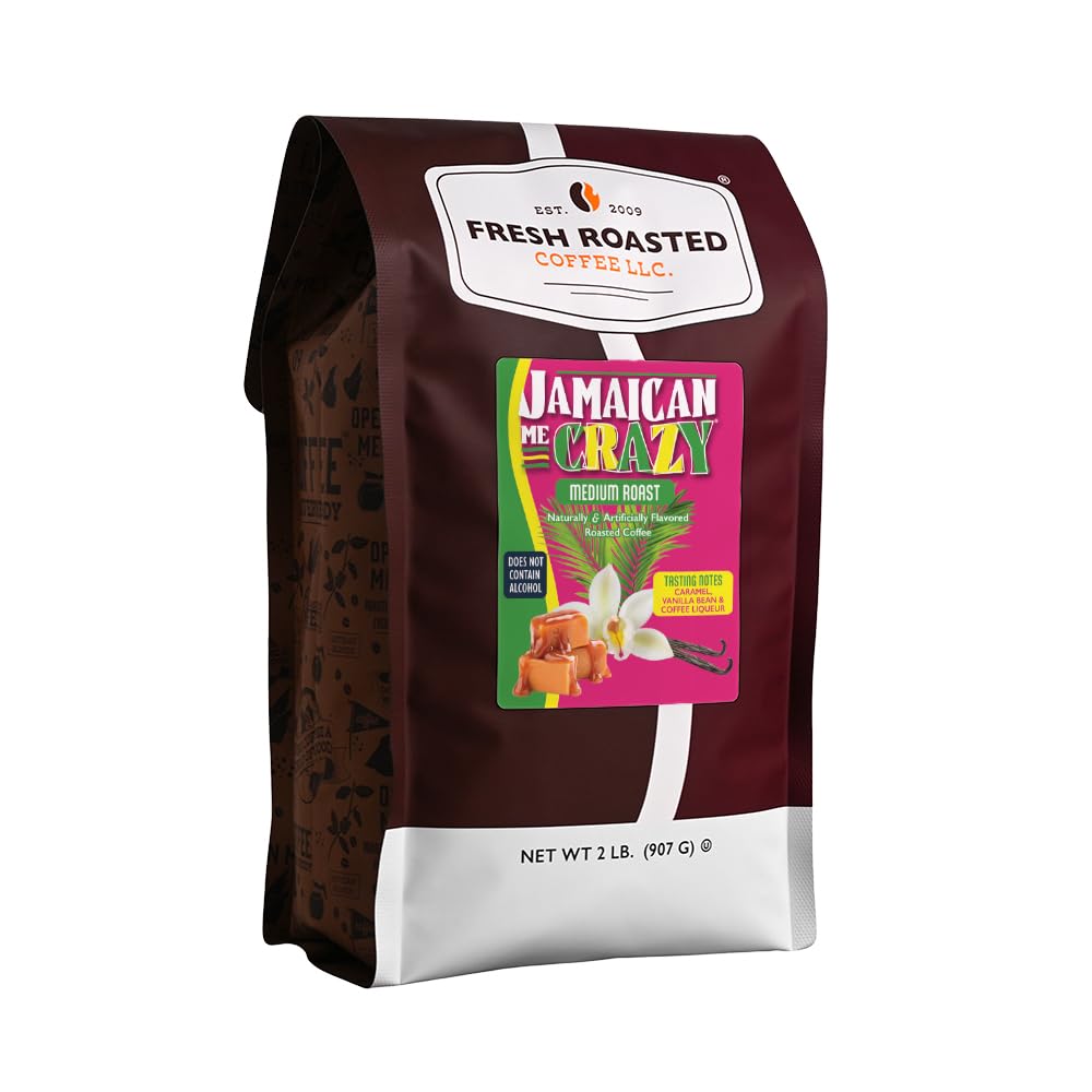 Fresh Roasted Coffee Jamaican Me Crazy Flavored Whole Bean Coffee – Medium Roast, Kosher, 2 lb