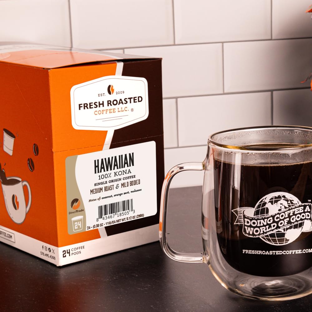 Fresh Roasted Coffee 100% Hawaiian Kona Pods – Medium Roast, Kosher, K-Cup Compatible (24 Pods)