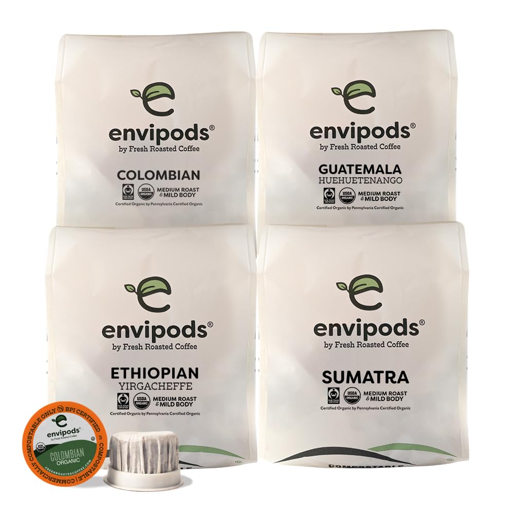 Fresh Roasted Coffee Organic Single Origin Envipods Variety Pack – 48 Count (USDA Organic, Kosher, BPI Compostable) Not for Ninja/Hamilton Beach