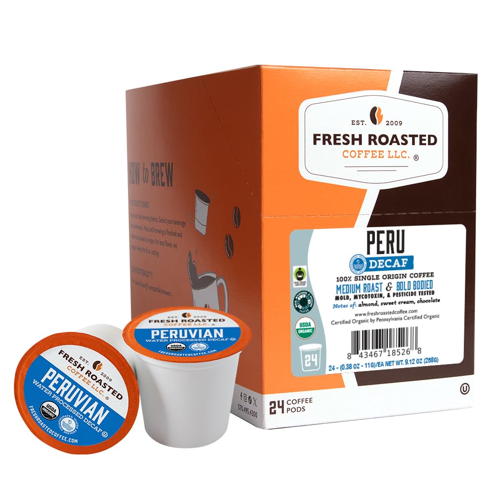 Fresh Roasted Coffee Peru Water-Processed Decaf — Organic Arabica, 24 K-Cup Pods