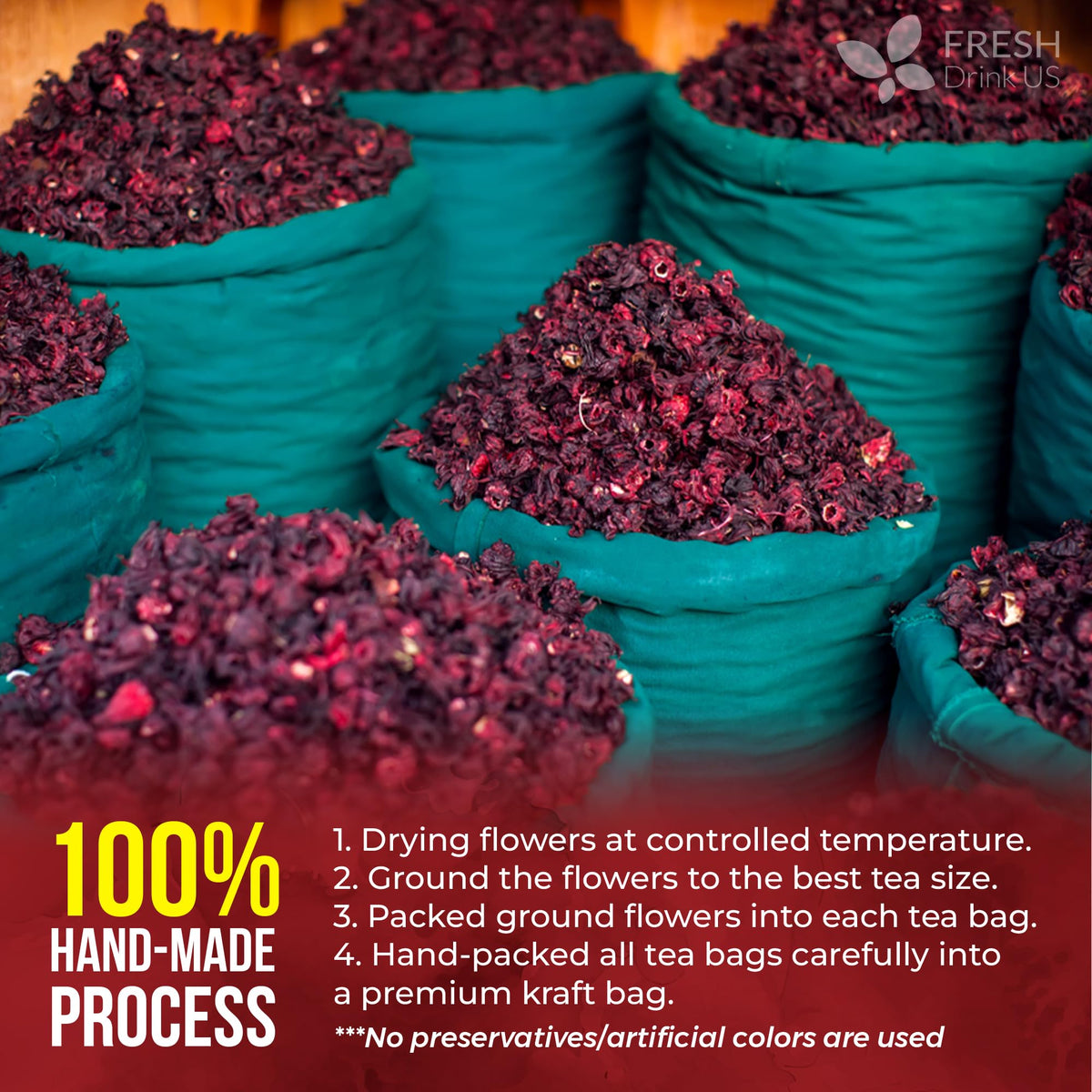 FreshDrinkUS Premium Hibiscus Tea Bags — 100% Natural Hibiscus Flowers, Caffeine-Free, Gluten-Free, Vegan