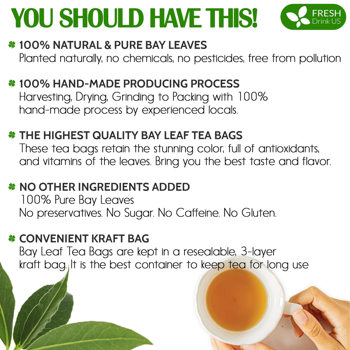 FreshDrinkUS Premium Bay Leaf Tea Bags – 105 Count, 100% Natural & Caffeine-Free