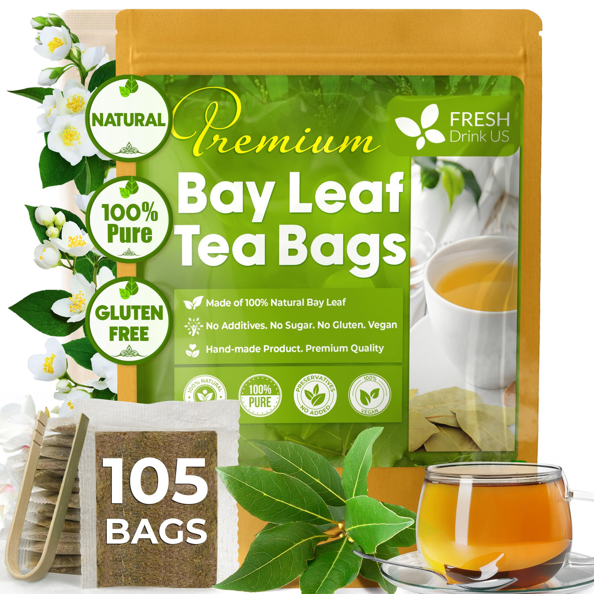 FreshDrinkUS Premium Bay Leaf Tea Bags – 105 Count, 100% Natural & Caffeine-Free