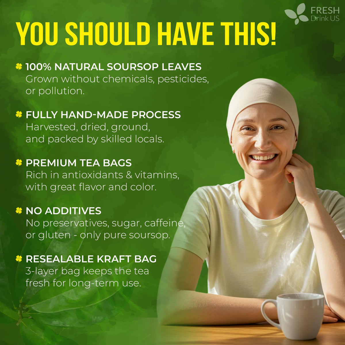 FreshDrinkUS Premium 75 Soursop Tea Bags – Natural Handmade, Gluten Free