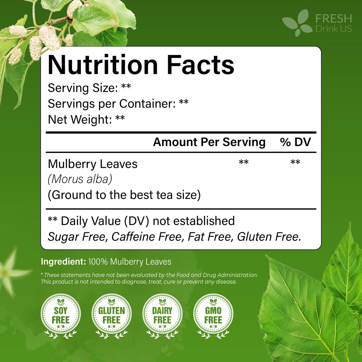 FreshDrinkUS Mulberry Leaf Tea Bags – 120 Count, 100% Natural & Caffeine-Free Herbal Tea