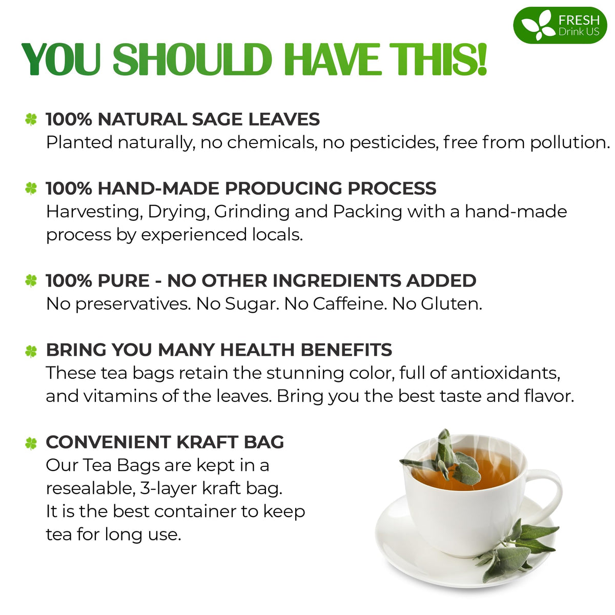 FreshDrinkUS Premium Sage Leaf Tea Bags – 135 Count, 100% Pure Sage Leaves, Caffeine-Free Herbal Tea