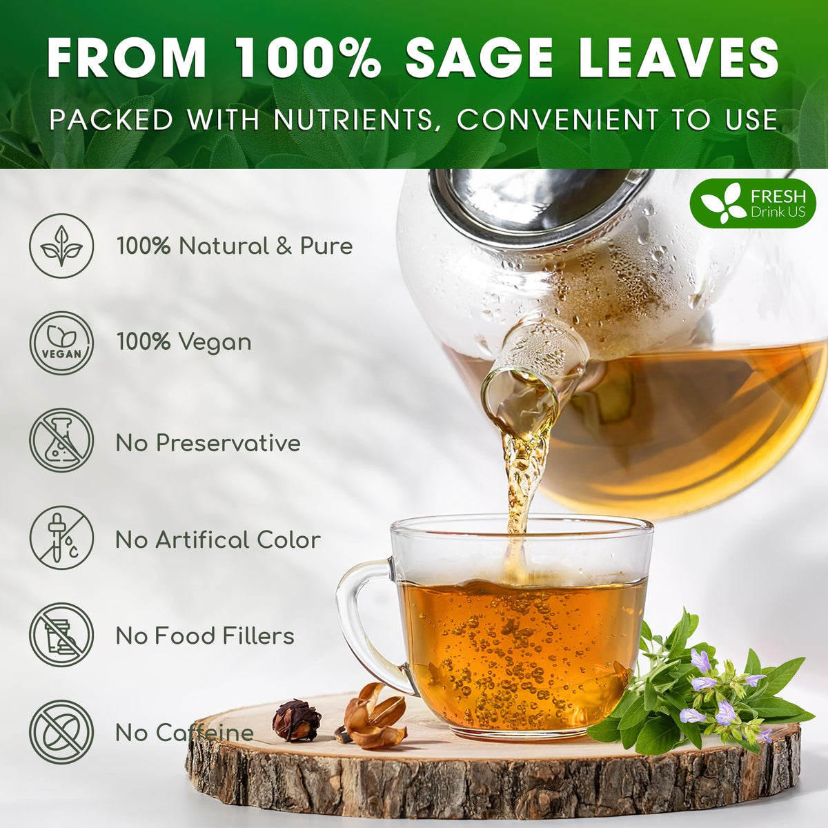 FreshDrinkUS Premium Sage Leaf Tea Bags – 135 Count, 100% Pure Sage Leaves, Caffeine-Free Herbal Tea