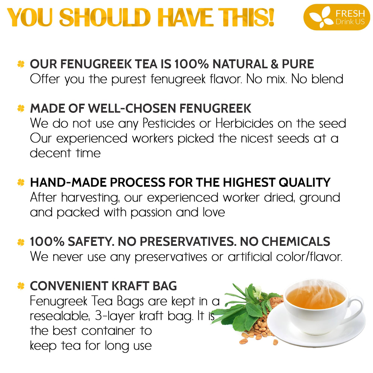 FRESHDRINKUS Premium Fenugreek Tea Bags – 100% Natural, Caffeine-Free Herbal Tea