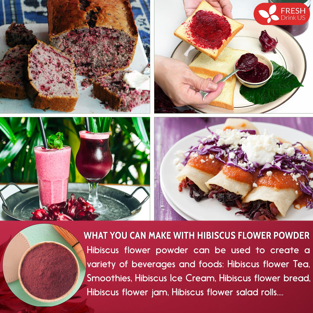 FreshDrinkUS Premium Hibiscus Flower Powder 28oz – 100% Natural, Gluten-Free, Vegan