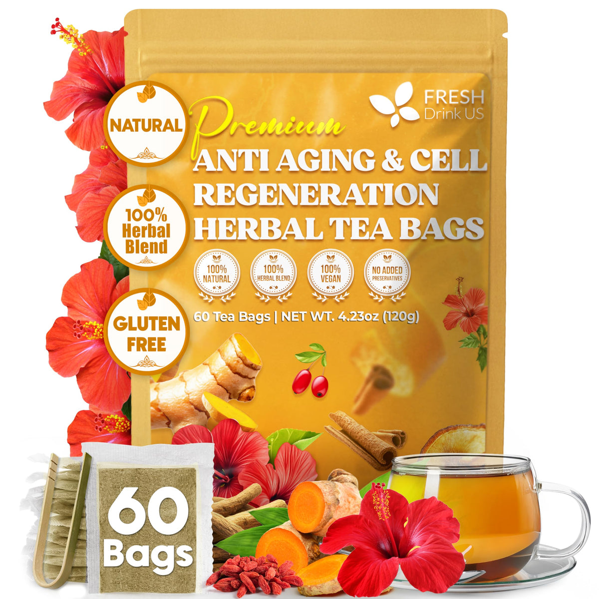 FreshDrinkUS Premium Harmony Herbal Tea – 60 Caffeine-Free Tea Bags