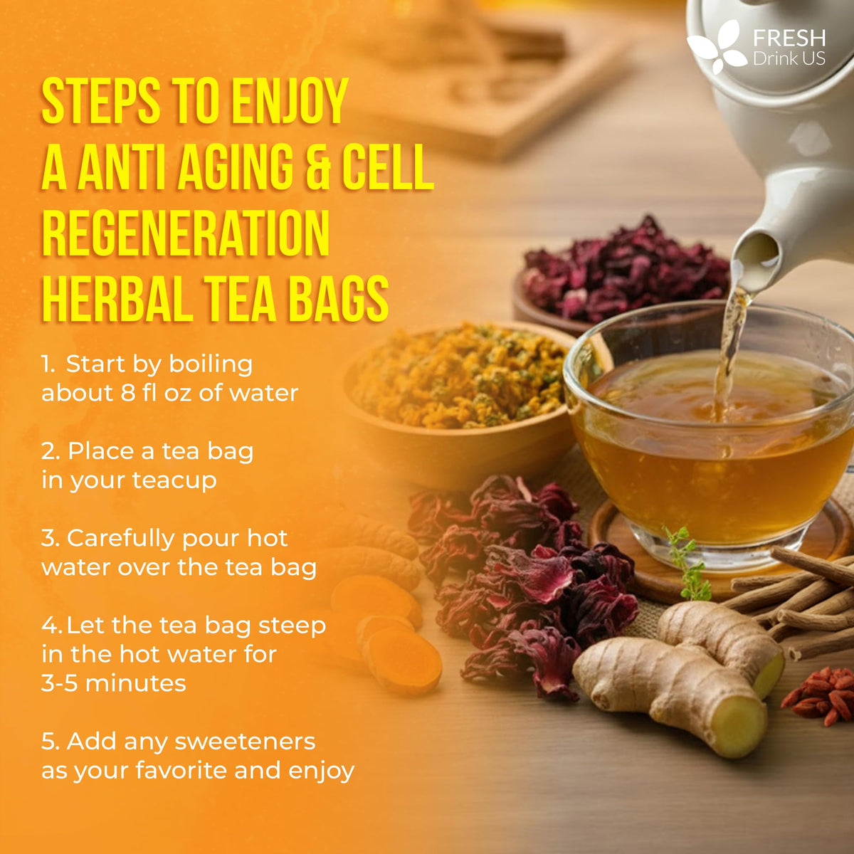 FreshDrinkUS Premium Harmony Herbal Tea – 60 Caffeine-Free Tea Bags