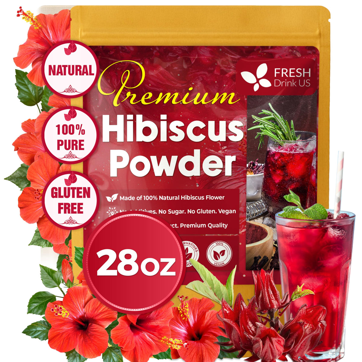 FreshDrinkUS Premium Hibiscus Flower Powder 28oz – 100% Natural, Gluten-Free, Vegan