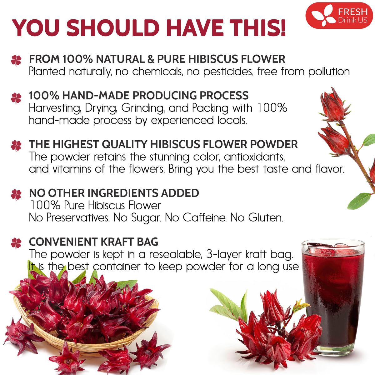 FreshDrinkUS Premium Hibiscus Flower Powder 28oz – 100% Natural, Gluten-Free, Vegan