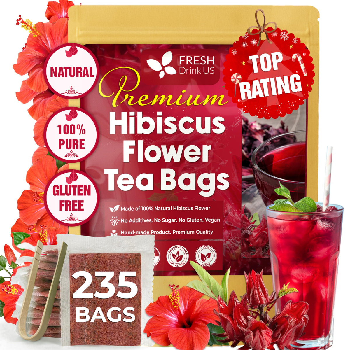 FreshDrinkUS Premium Hibiscus Tea Bags — 100% Natural Hibiscus Flowers, Caffeine-Free, Gluten-Free, Vegan