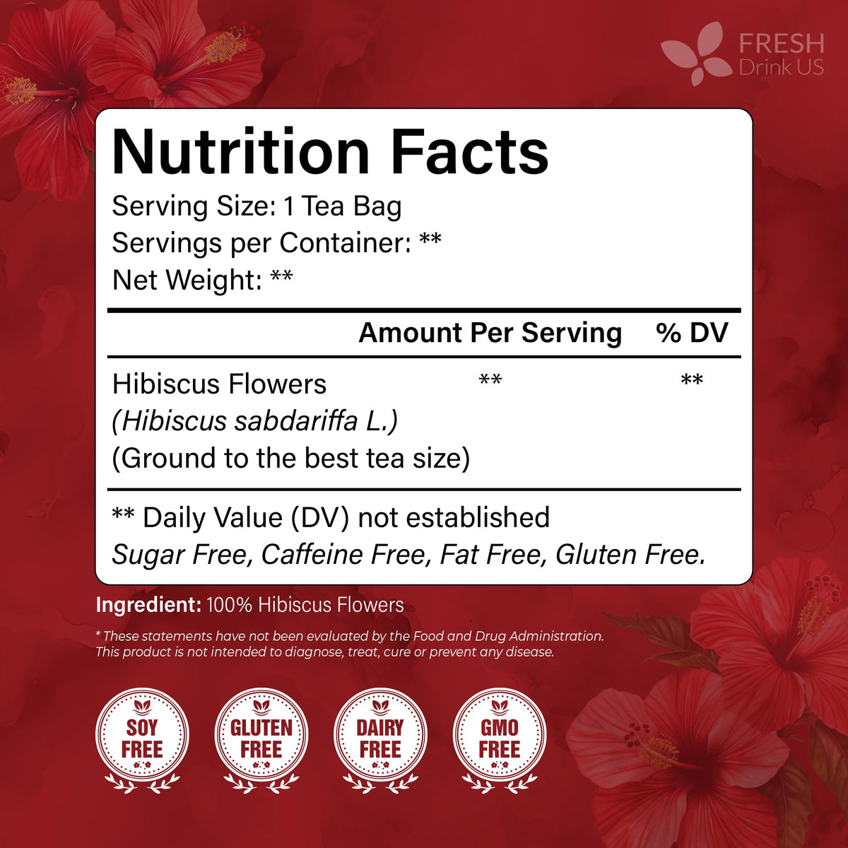 FreshDrinkUS Premium Hibiscus Tea Bags — 100% Natural Hibiscus Flowers, Caffeine-Free, Gluten-Free, Vegan