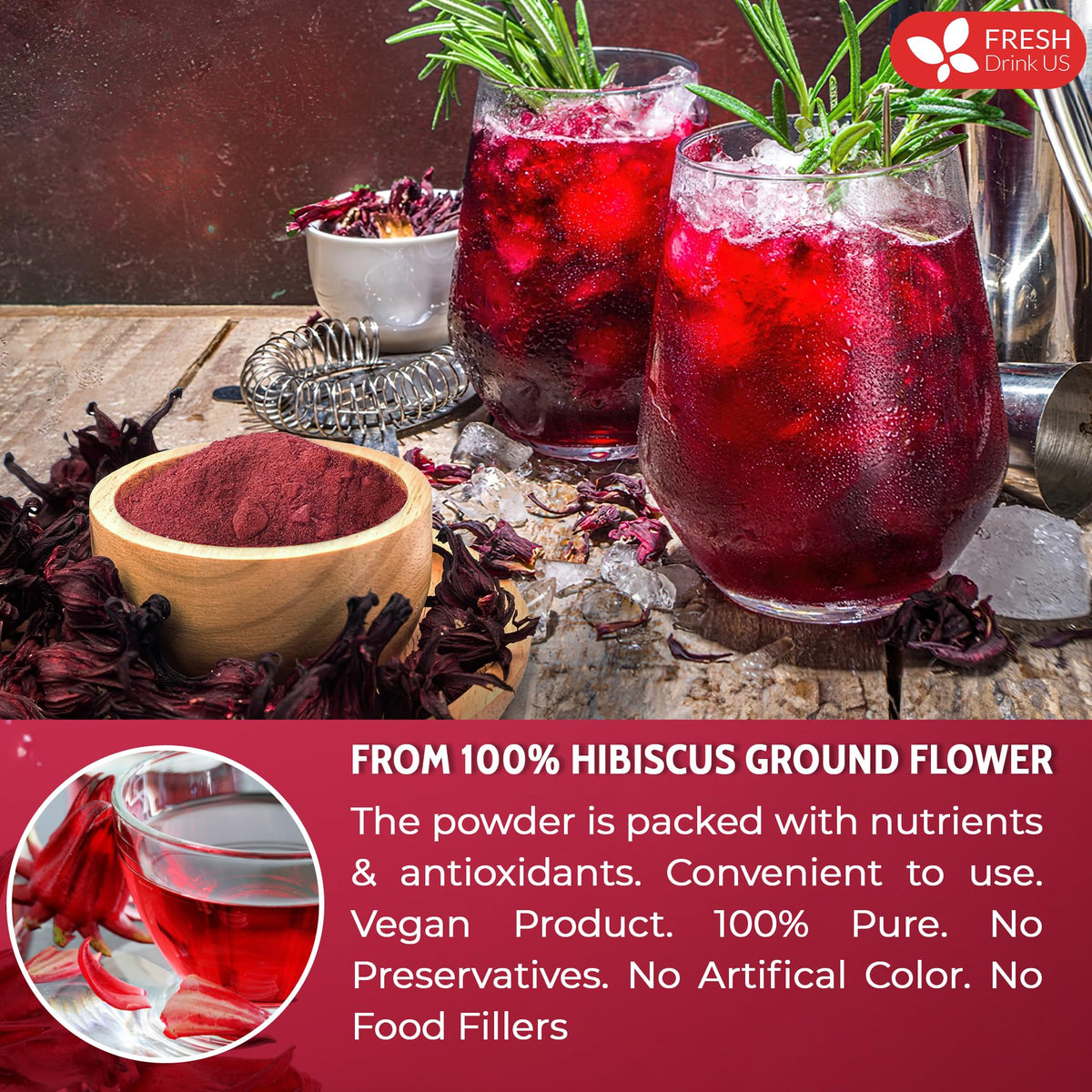 FreshDrinkUS Premium Hibiscus Flower Powder 28oz – 100% Natural, Gluten-Free, Vegan