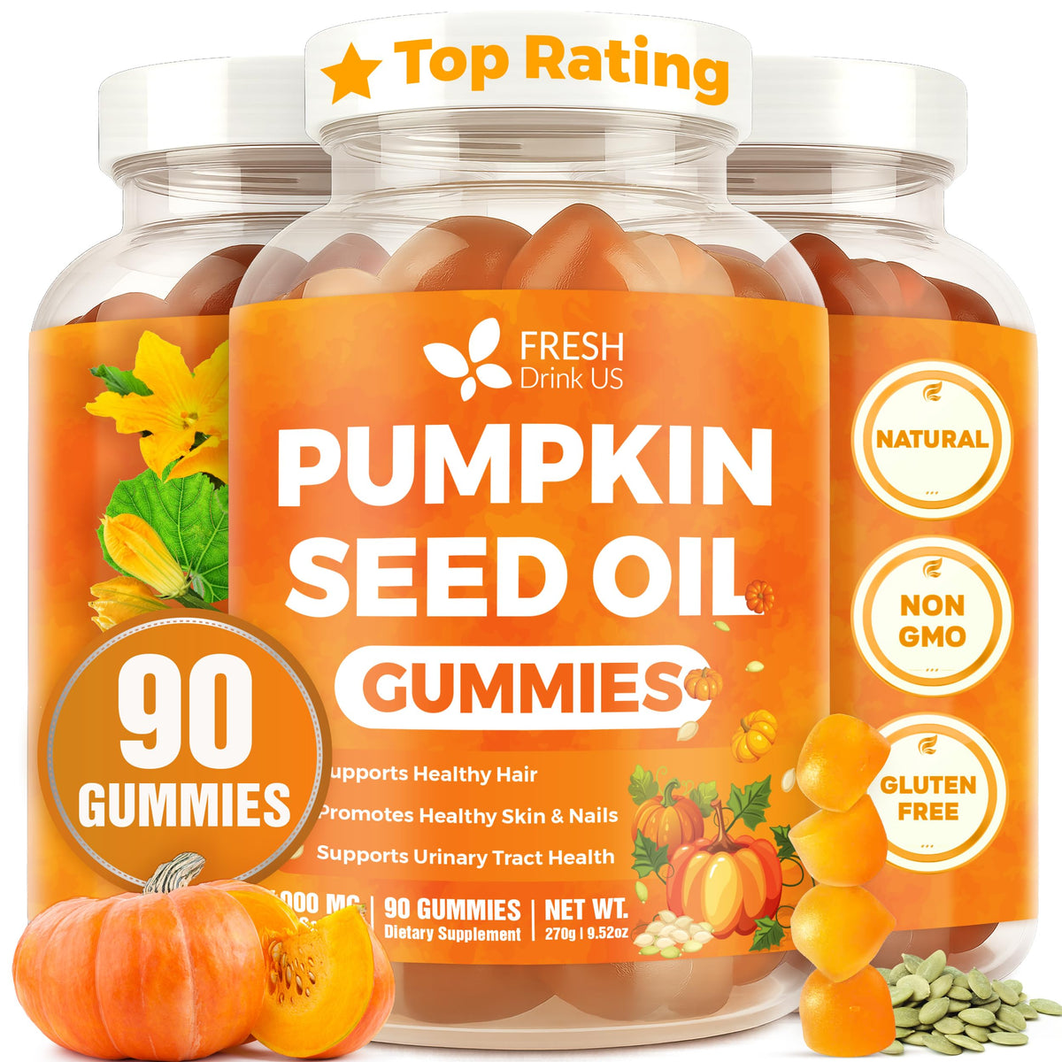 FreshDrinkUS Premium 90 Pumpkin Seed Oil Gummies — 4000mg/Serving, Hair & Skin Support