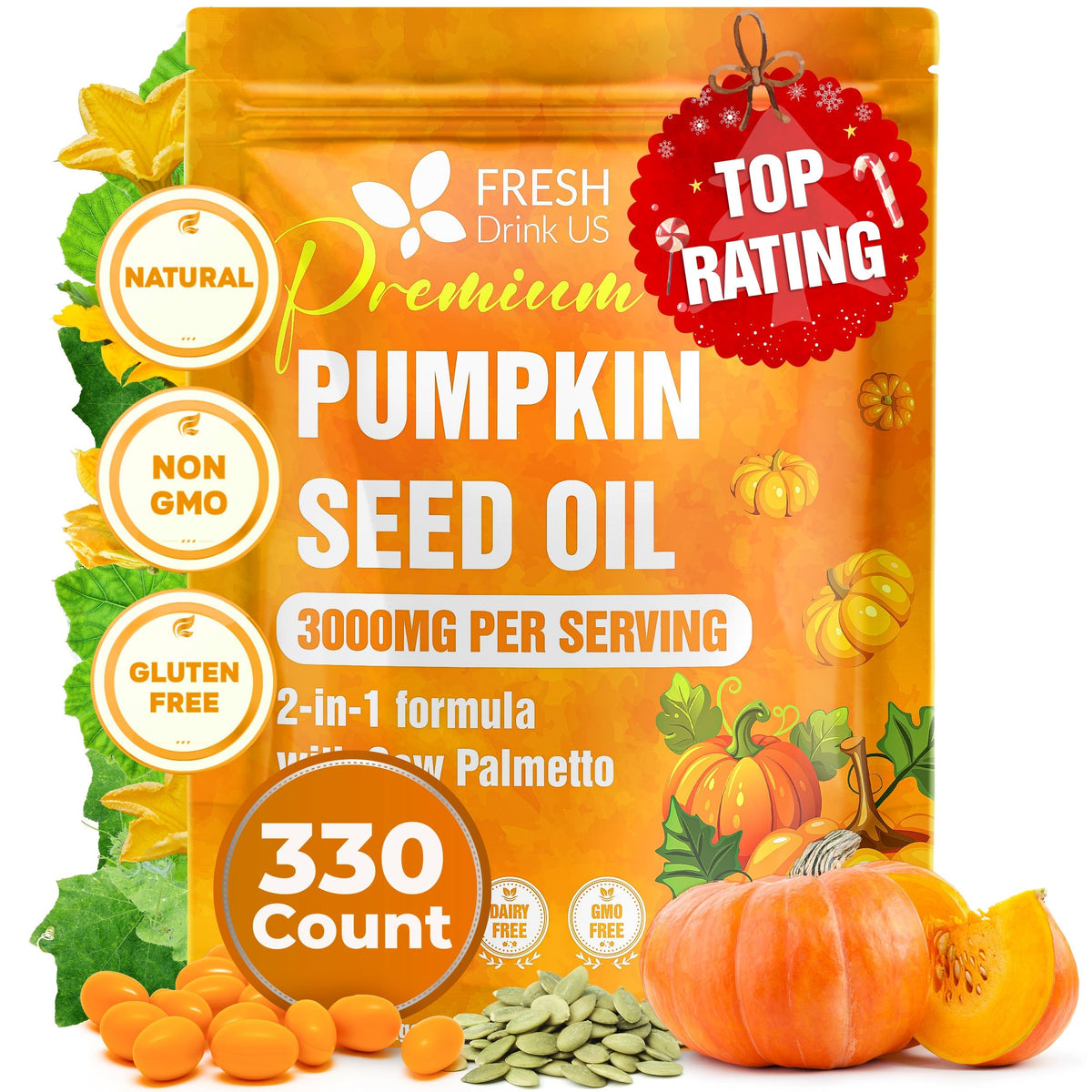 FreshDrinkUS 330 Premium Pumpkin Seed Oil Softgels with Saw Palmetto – 3000mg/Serving, Cold Pressed, Non-GMO, Gluten-Free