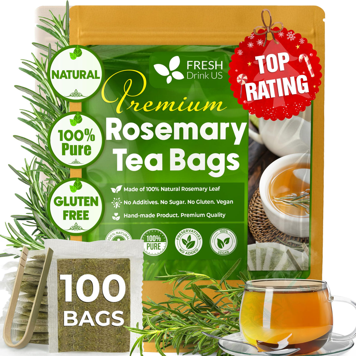 FRESHDRINKUS Premium Rosemary Leaf Tea Bags – 100% Natural
