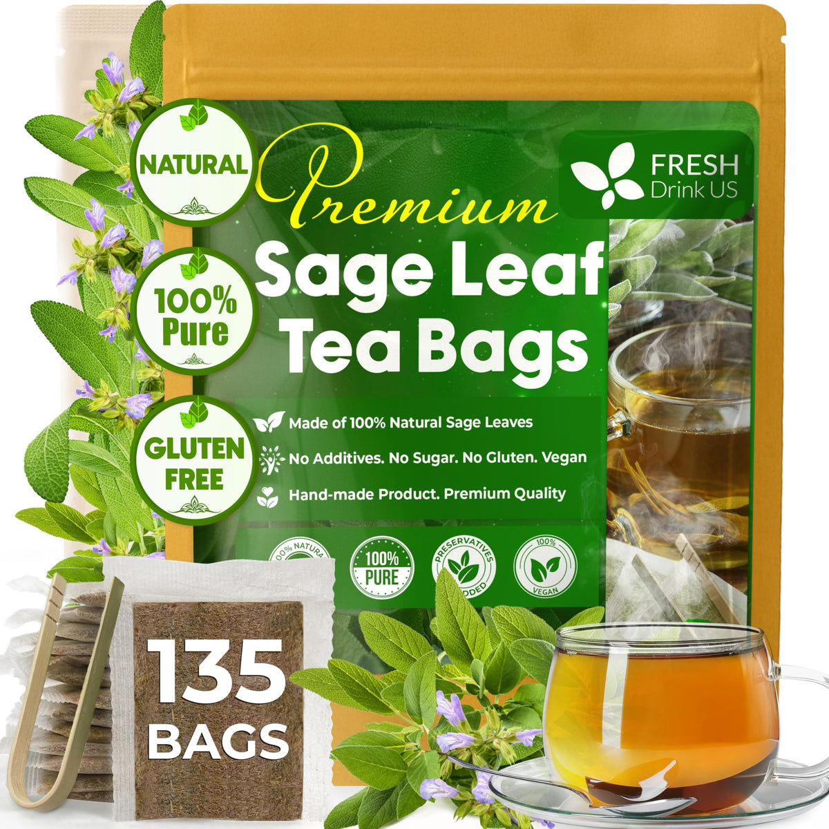 FreshDrinkUS Premium Sage Leaf Tea Bags – 135 Count, 100% Pure Sage Leaves, Caffeine-Free Herbal Tea