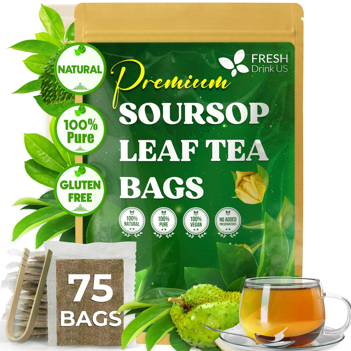 FreshDrinkUS Premium 75 Soursop Tea Bags – Natural Handmade, Gluten Free