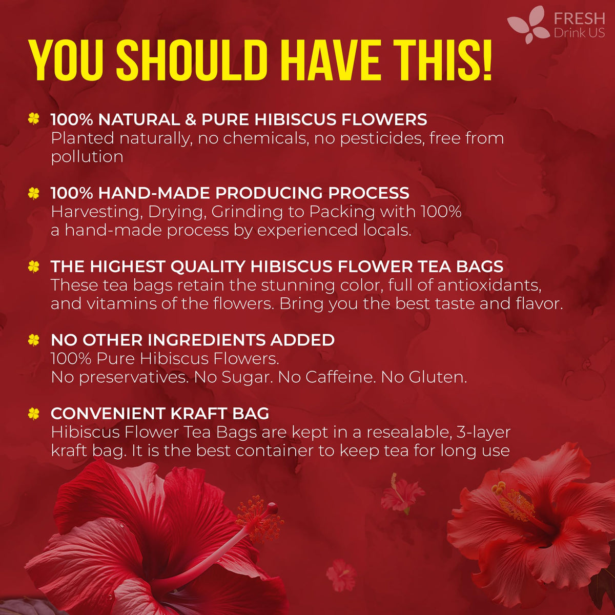 FreshDrinkUS Premium Hibiscus Tea Bags — 100% Natural Hibiscus Flowers, Caffeine-Free, Gluten-Free, Vegan