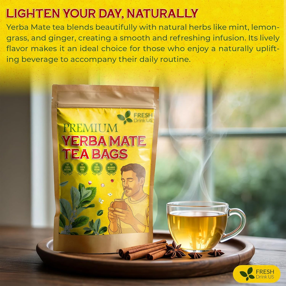 FreshDrinkUS Yerba Mate Tea Bags – 120 Count, Smooth & Refreshing, Sustainably Sourced, Vegan