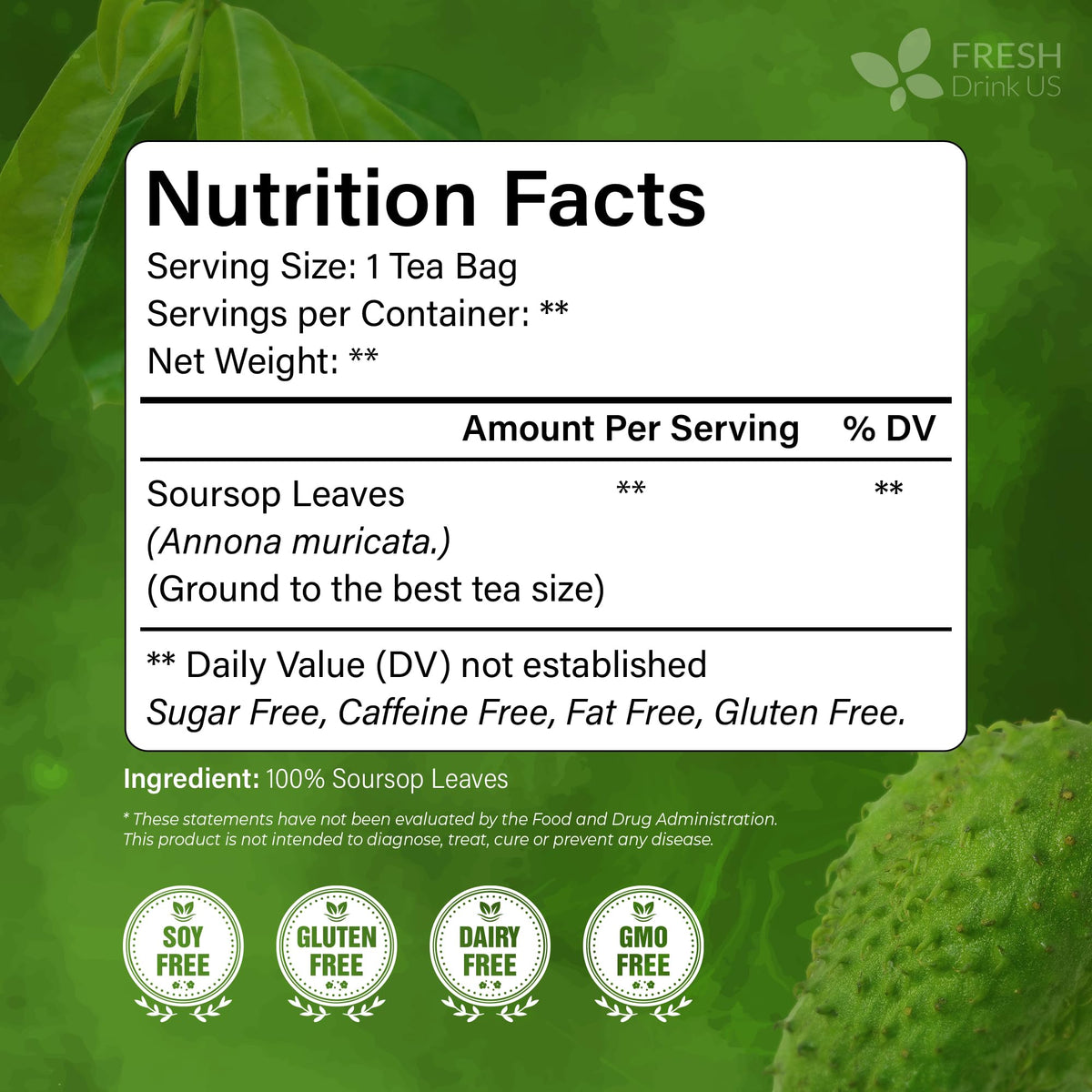 FreshDrinkUS Premium 75 Soursop Tea Bags – Natural Handmade, Gluten Free