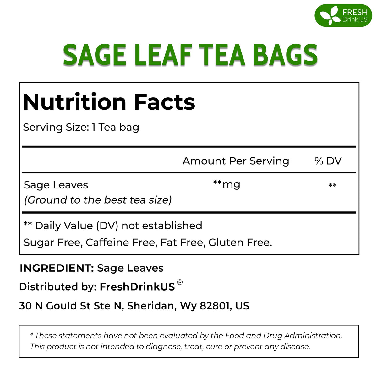 FreshDrinkUS Premium Sage Leaf Tea Bags – 135 Count, 100% Pure Sage Leaves, Caffeine-Free Herbal Tea