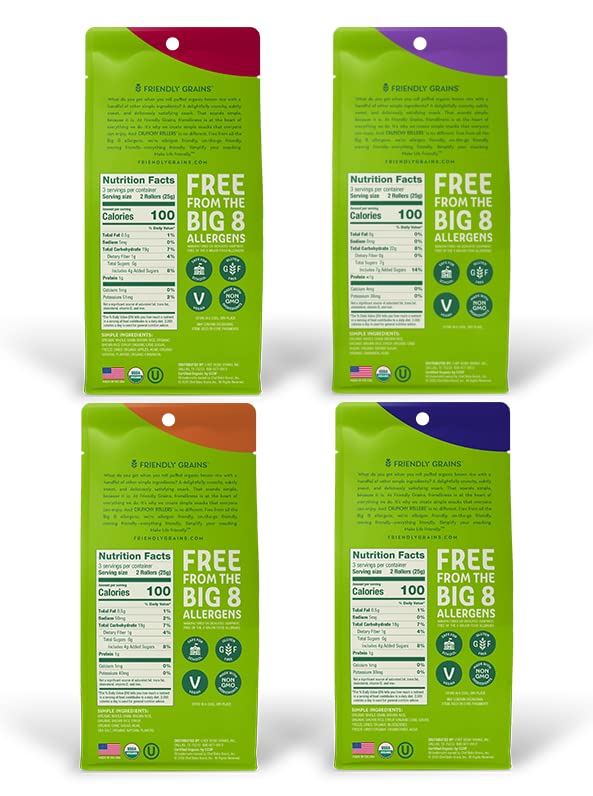 Friendly Grains Crunchy Rollers – Organic Puffed Rice Rolls Variety Box (4 Packs of 6)