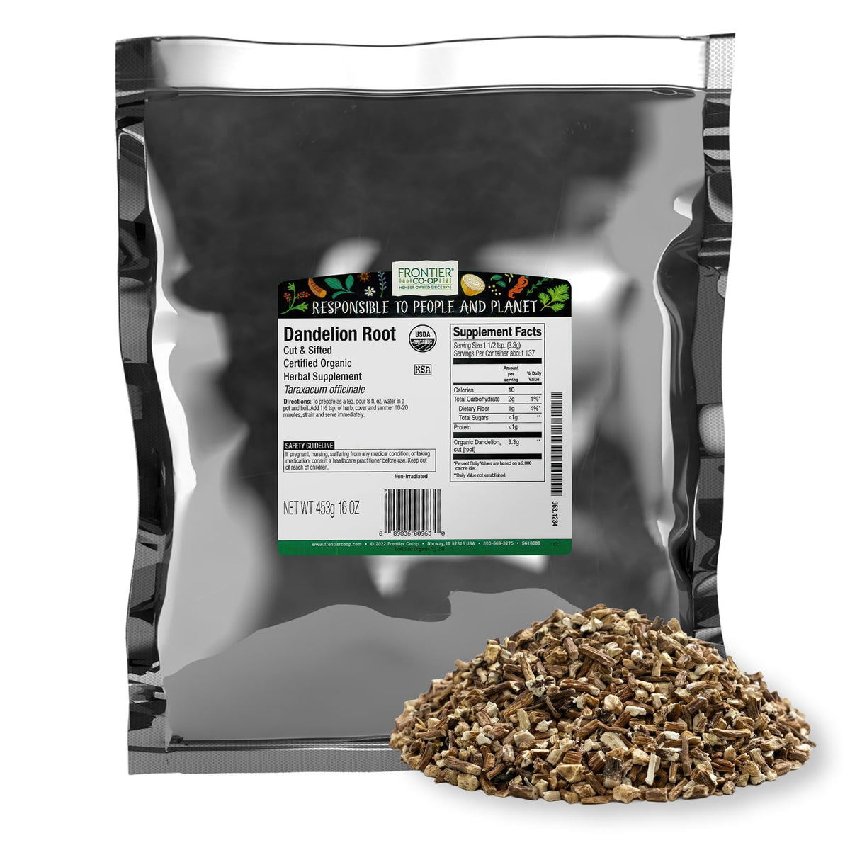 Frontier Co-op Organic Dandelion Root, Cut & Sifted – 1 lb