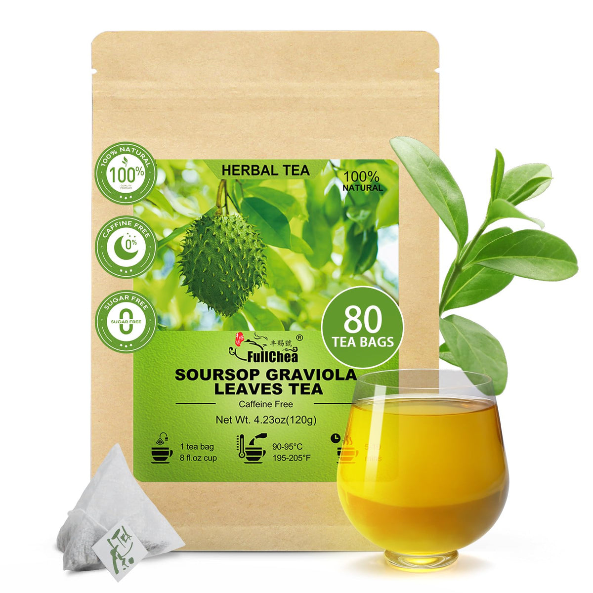 FullChea Soursop Leaves Tea Bags – 80 Count, Non-GMO, Caffeine-Free
