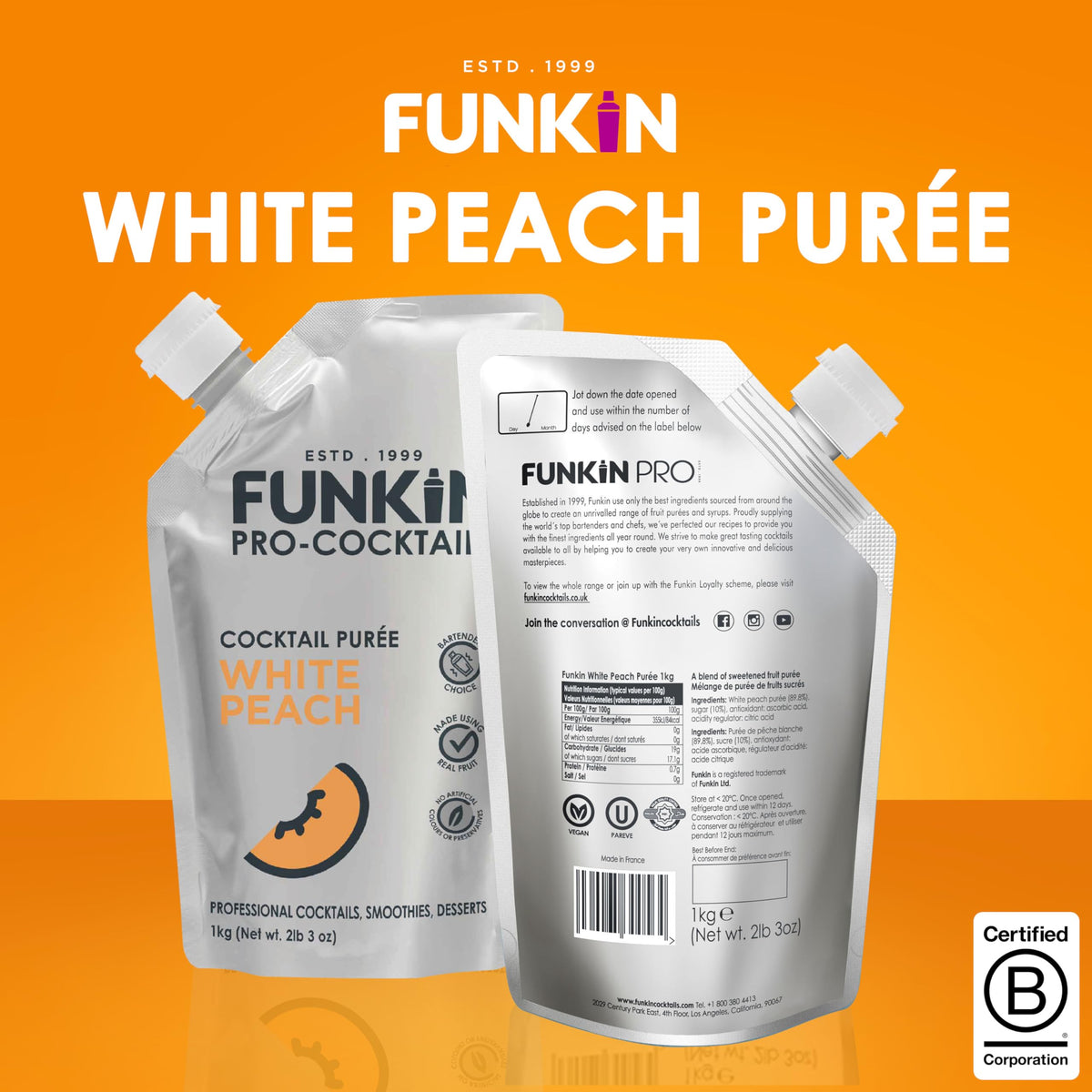 Funkin White Peach Fruit Puree | Real Fruit, Simple Ingredient, Natural Mixer for Cocktails & Drinks | Vegan, Non-GMO, Gluten-Free (2.2 lb)
