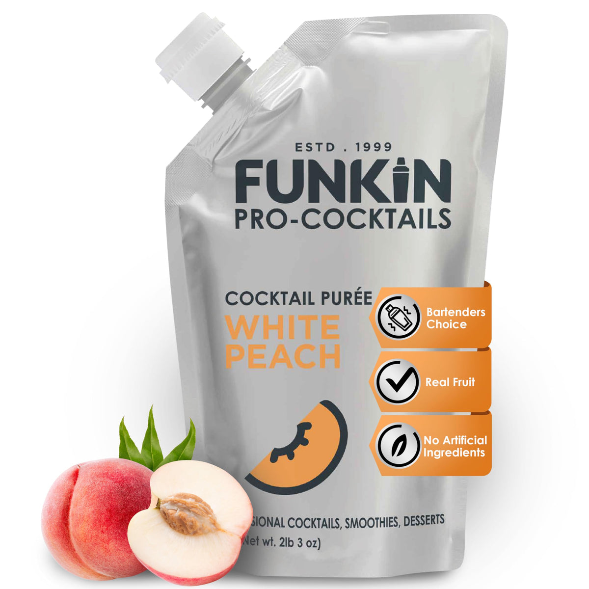 Funkin White Peach Fruit Puree | Real Fruit, Simple Ingredient, Natural Mixer for Cocktails & Drinks | Vegan, Non-GMO, Gluten-Free (2.2 lb)
