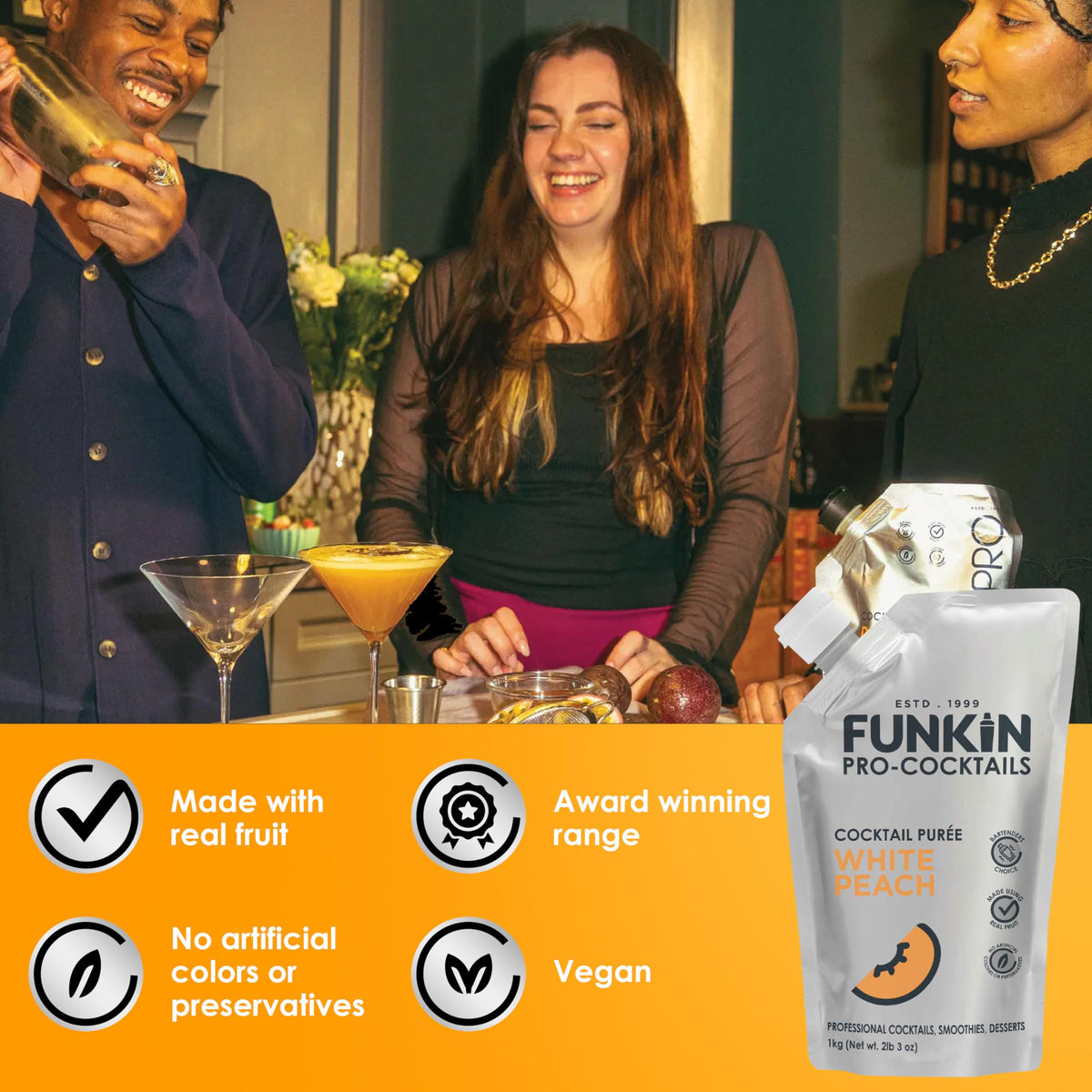 Funkin White Peach Fruit Puree | Real Fruit, Simple Ingredient, Natural Mixer for Cocktails & Drinks | Vegan, Non-GMO, Gluten-Free (2.2 lb)