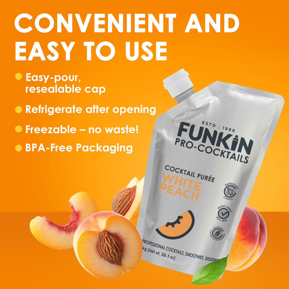 Funkin White Peach Fruit Puree | Real Fruit, Simple Ingredient, Natural Mixer for Cocktails & Drinks | Vegan, Non-GMO, Gluten-Free (2.2 lb)
