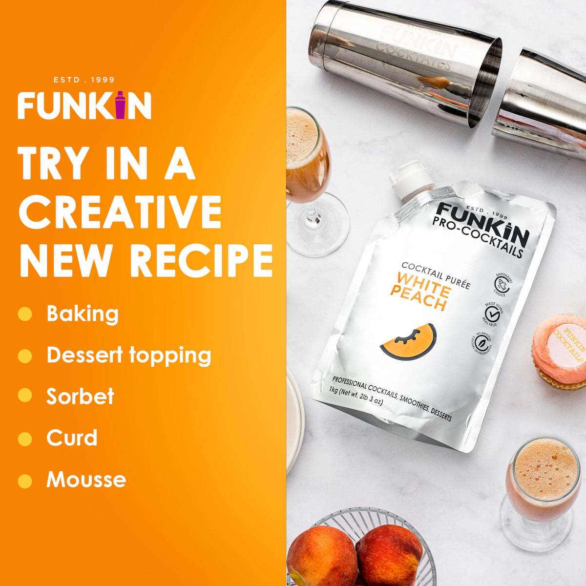 Funkin White Peach Fruit Puree | Real Fruit, Simple Ingredient, Natural Mixer for Cocktails & Drinks | Vegan, Non-GMO, Gluten-Free (2.2 lb)